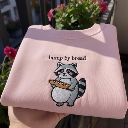 Bump By Bread Embroidered Sweatshirt, Funny Raccoon Pregnancy Announcement Crewneck, New Mom Gift, Baby Shower Shirt