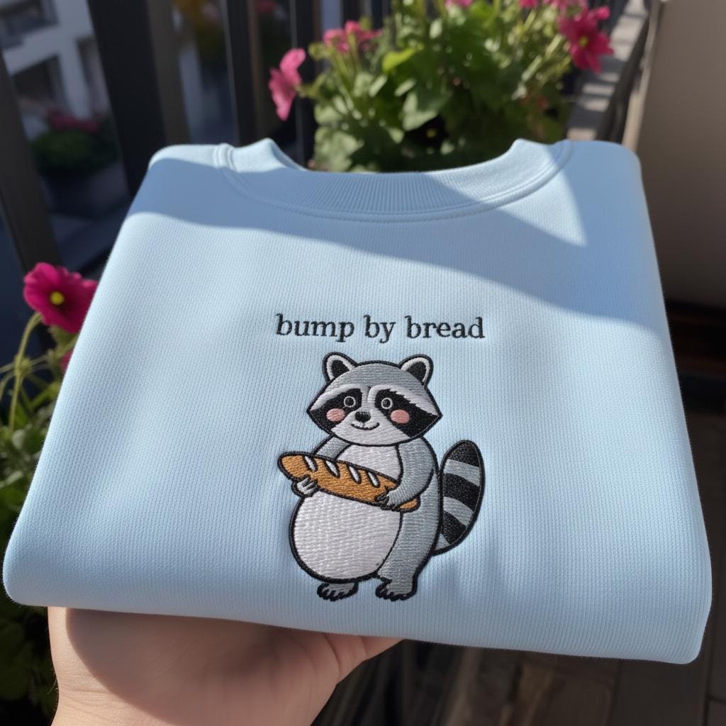Bump By Bread Embroidered Sweatshirt, Funny Raccoon Pregnancy Announcement Crewneck, New Mom Gift, Baby Shower Shirt