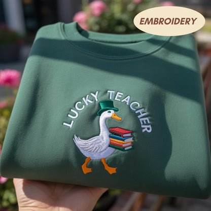 Lucky Teacher Embroidered Shirt, St Patricks Day Teacher Sweatshirt, Funny Goose Book Lover Shirt Reading Teacher Gift, Lucky School Shirt
