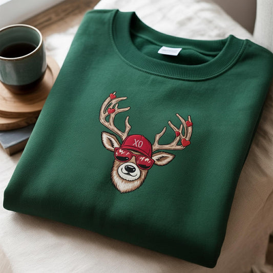 Dapper Reindeer Embroidered Sweatshirt, Cool Deer with Sunglasses & Red Beanie Crewneck, Romantic Christmas Gift, Aesthetic Holiday Pullover