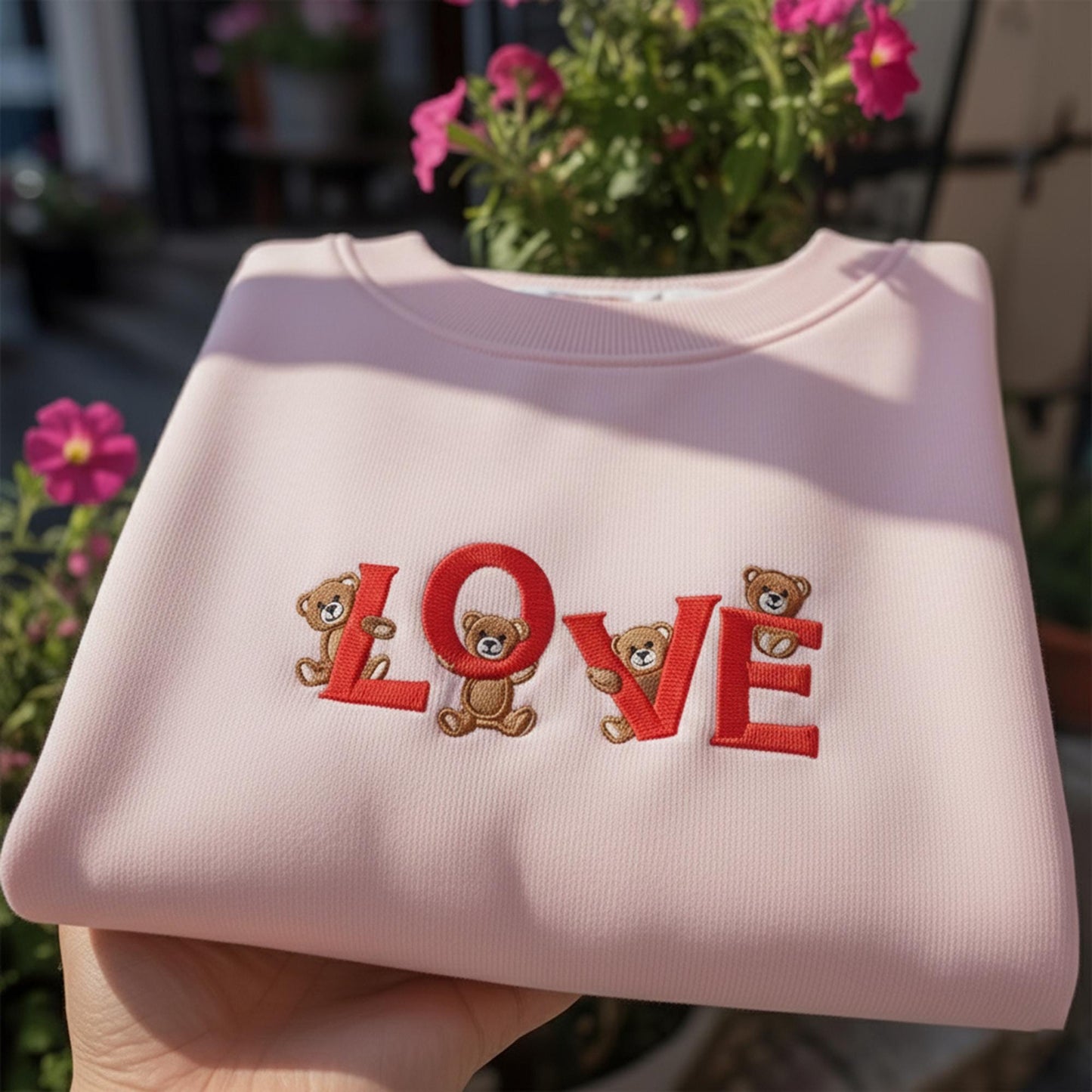 Bear LOVE Embroidered Sweatshirt, Cute Pink Valentine's Day Crewneck, Aesthetic Teddy Bear Love Pullover, Romantic Anniversary Gift for Her