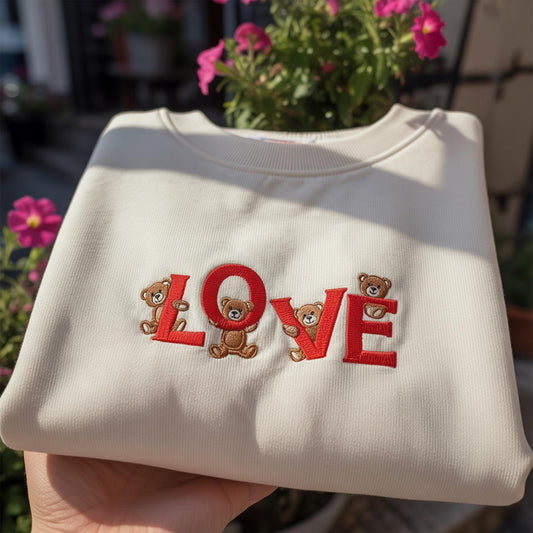 Bear LOVE Embroidered Sweatshirt, Cute Pink Valentine's Day Crewneck, Aesthetic Teddy Bear Love Pullover, Romantic Anniversary Gift for Her