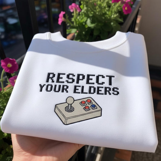 Respect Your Elders Arcade Stick Embroidered Sweatshirt, Retro Gaming Controller Crewneck, Funny Gamer Gift, Aesthetic Pixel Art Pullover