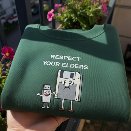 Respect Your Elders Tech Embroidered Sweatshirt, Funny Floppy Disk and USB Crewneck, Retro IT Nerd Gift, Aesthetic Computer Techie Pullover