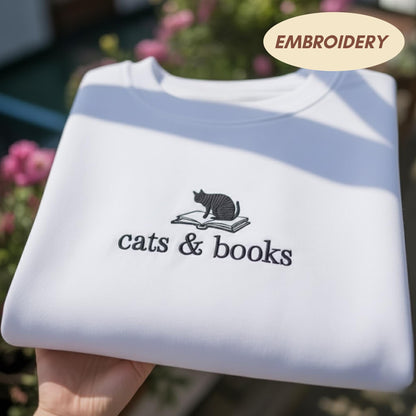 Cats and Books Embroidered Shirt, Cute Cat Lover Sweatshirt, Aesthetic Bookish Crewneck, Gift for Readers and Cat Moms, Minimalist Kitten