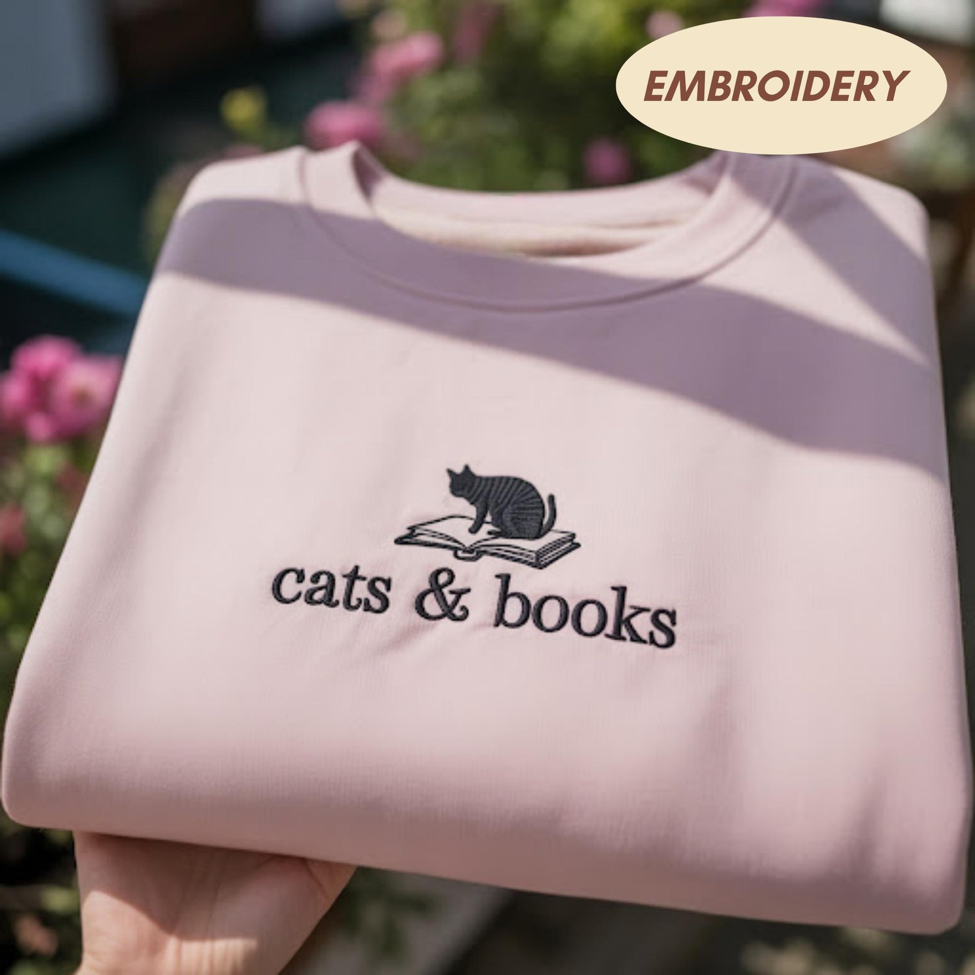Cats and Books Embroidered Shirt, Cute Cat Lover Sweatshirt, Aesthetic Bookish Crewneck, Gift for Readers and Cat Moms, Minimalist Kitten