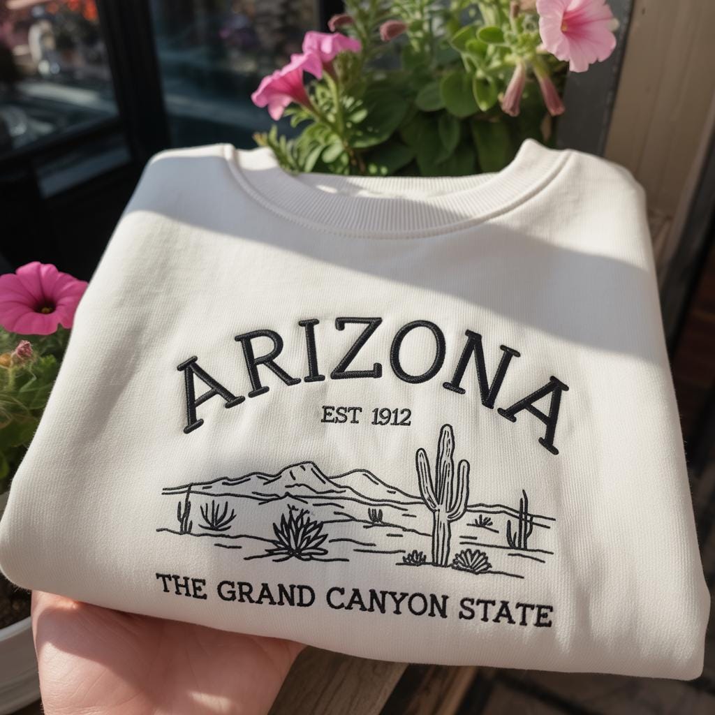 Arizona The Grand Canyon State Embroidered Sweatshirt, Vintage Desert Saguaro Crewneck, Retro Est 1912 Pullover, Aesthetic Travel Gift Shirt