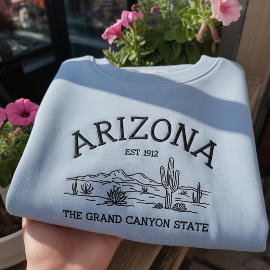 Arizona The Grand Canyon State Embroidered Sweatshirt, Vintage Desert Saguaro Crewneck, Retro Est 1912 Pullover, Aesthetic Travel Gift Shirt