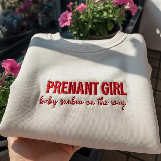 Pregnant Girl Baby Sunbeam On The Way Embroidered Sweatshirt, Cute Pregnancy Reveal Crewneck, New Mom To Be Gift, Maternity Pullover