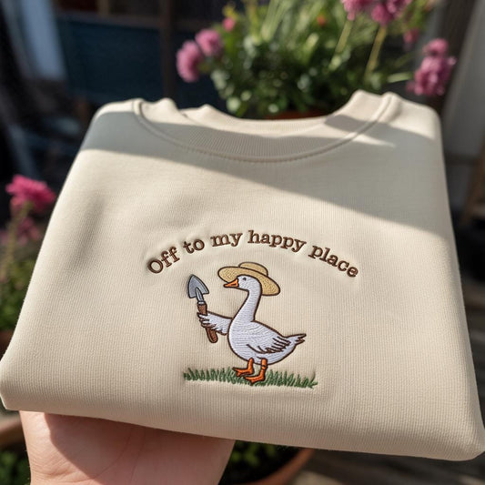 Off To My Happy Place Embroidered Sweatshirt, Cute Goose Gardening Gift Crewneck, Aesthetic Plant Lover Pullover, Humorous Botanical Shirt