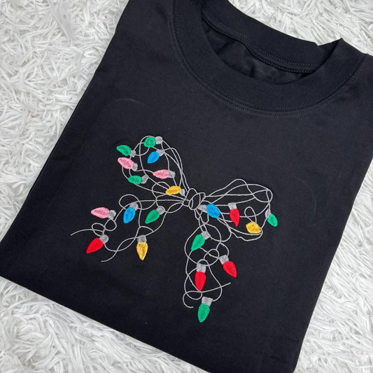 Embroidered Tangled Christmas Lights Bow Sweatshirt, Funny Holiday Crewneck, Messy Xmas Gift, Winter Tee, Light String Sweater