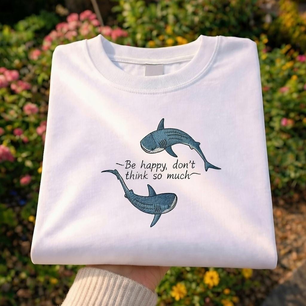 Shirt Whale Quote Embroidered Shirt, Be Happy Message Shirt, Calm Ocean Shirt