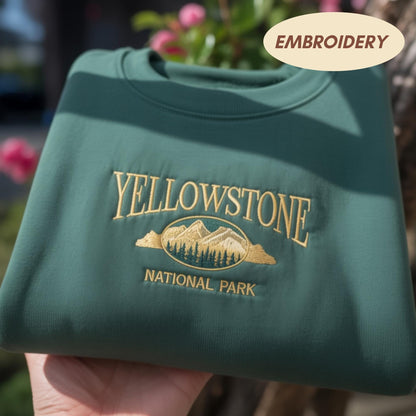 Yellowstone National Park Embroidered T-shirt, Vintage Mountain Top, Nature Lover Apparel, Outdoor Adventure Sweatshirt, Forest Tee Shirt
