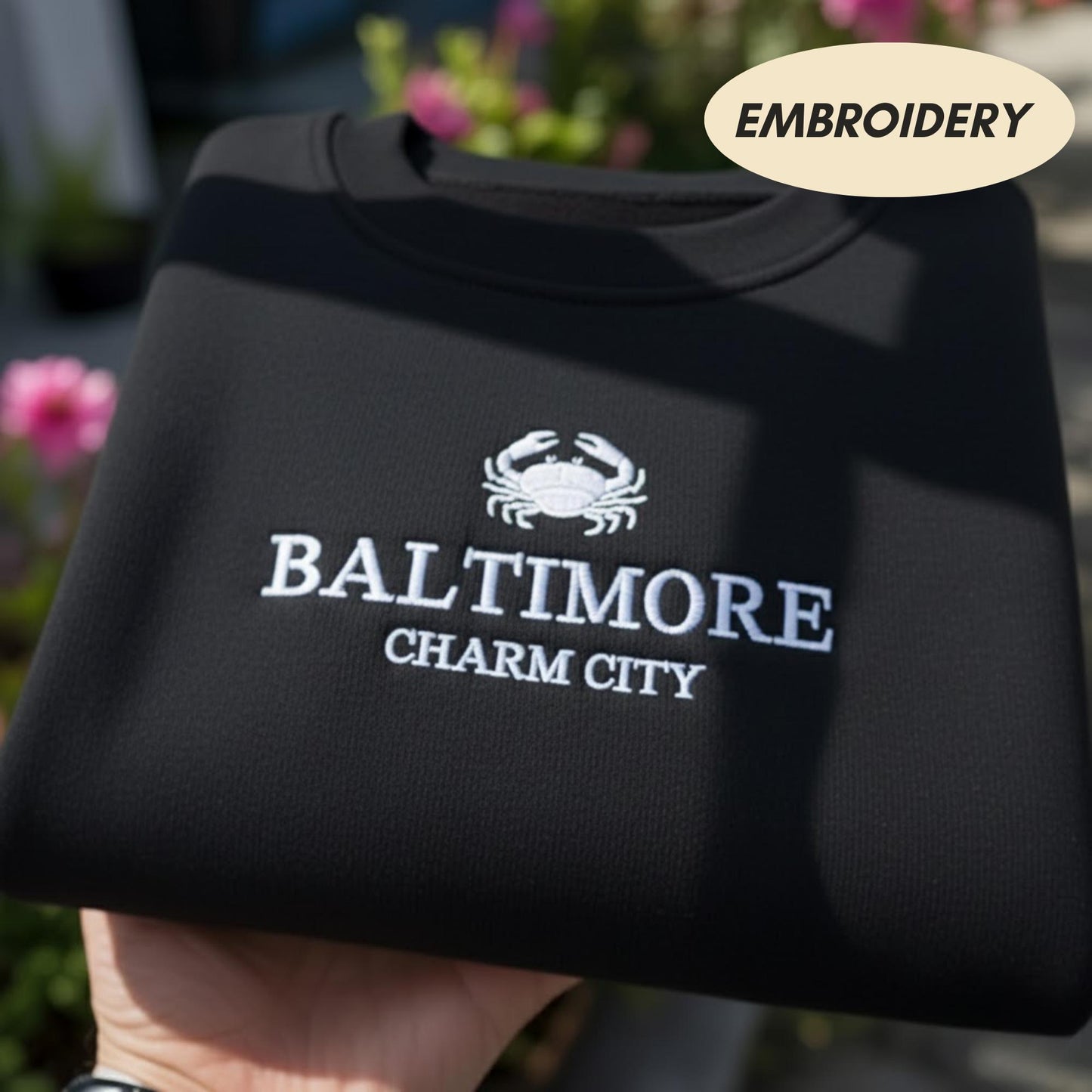 Baltimore Charm City Embroidered Sweatshirt, Maryland Crab Apparel, Charm City Top, Baltimore Souvenir, Maryland Pride Gift, City Pride Top