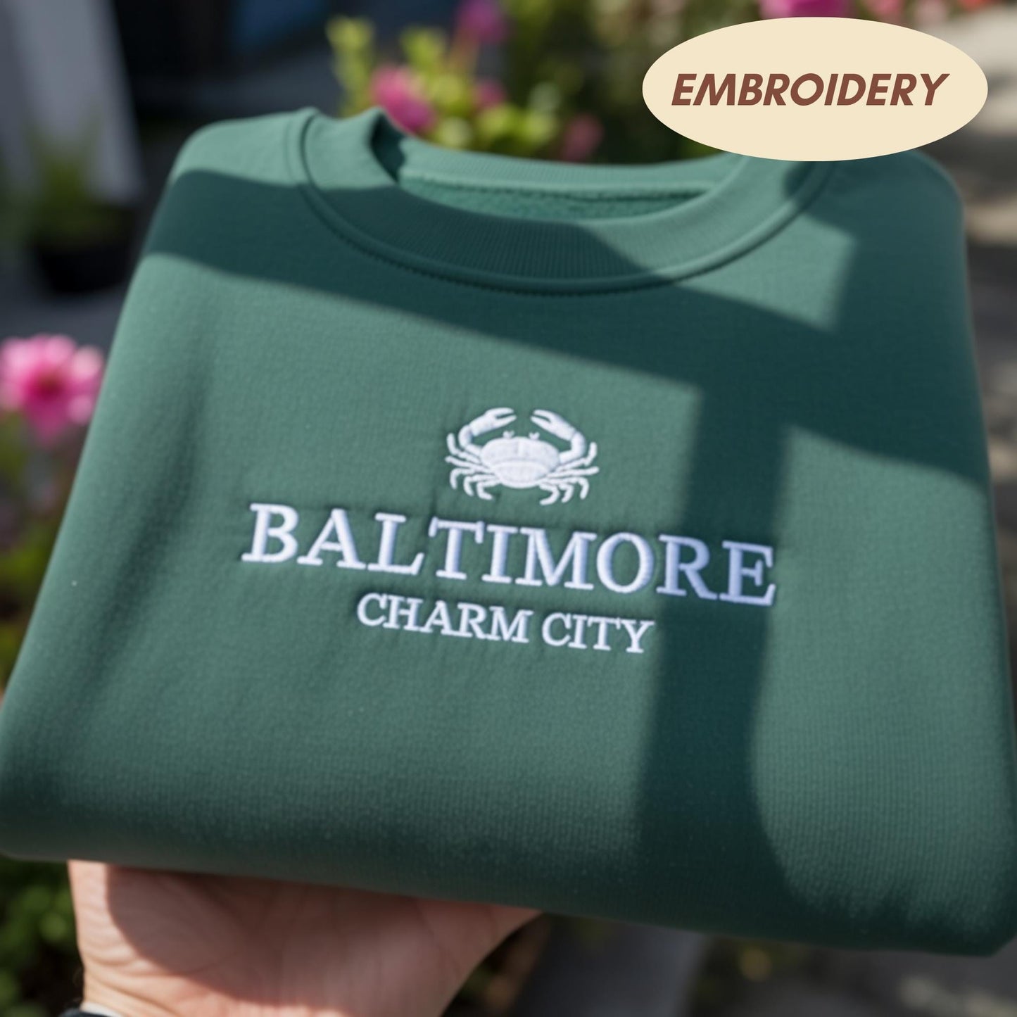 Baltimore Charm City Embroidered Sweatshirt, Maryland Crab Apparel, Charm City Top, Baltimore Souvenir, Maryland Pride Gift, City Pride Top