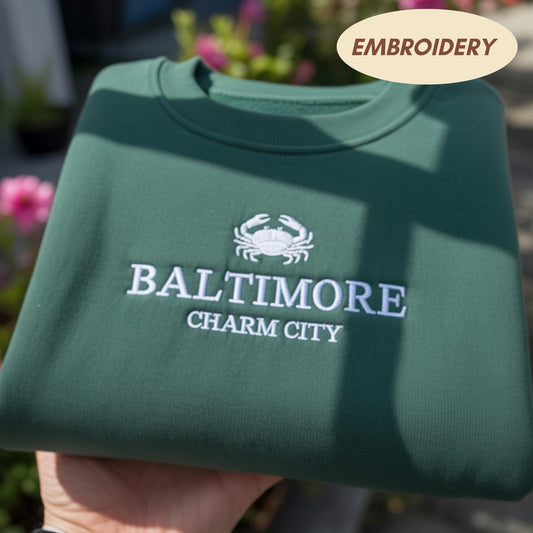 Baltimore Charm City Embroidered Sweatshirt, Maryland Crab Apparel, Charm City Top, Baltimore Souvenir, Maryland Pride Gift, City Pride Top