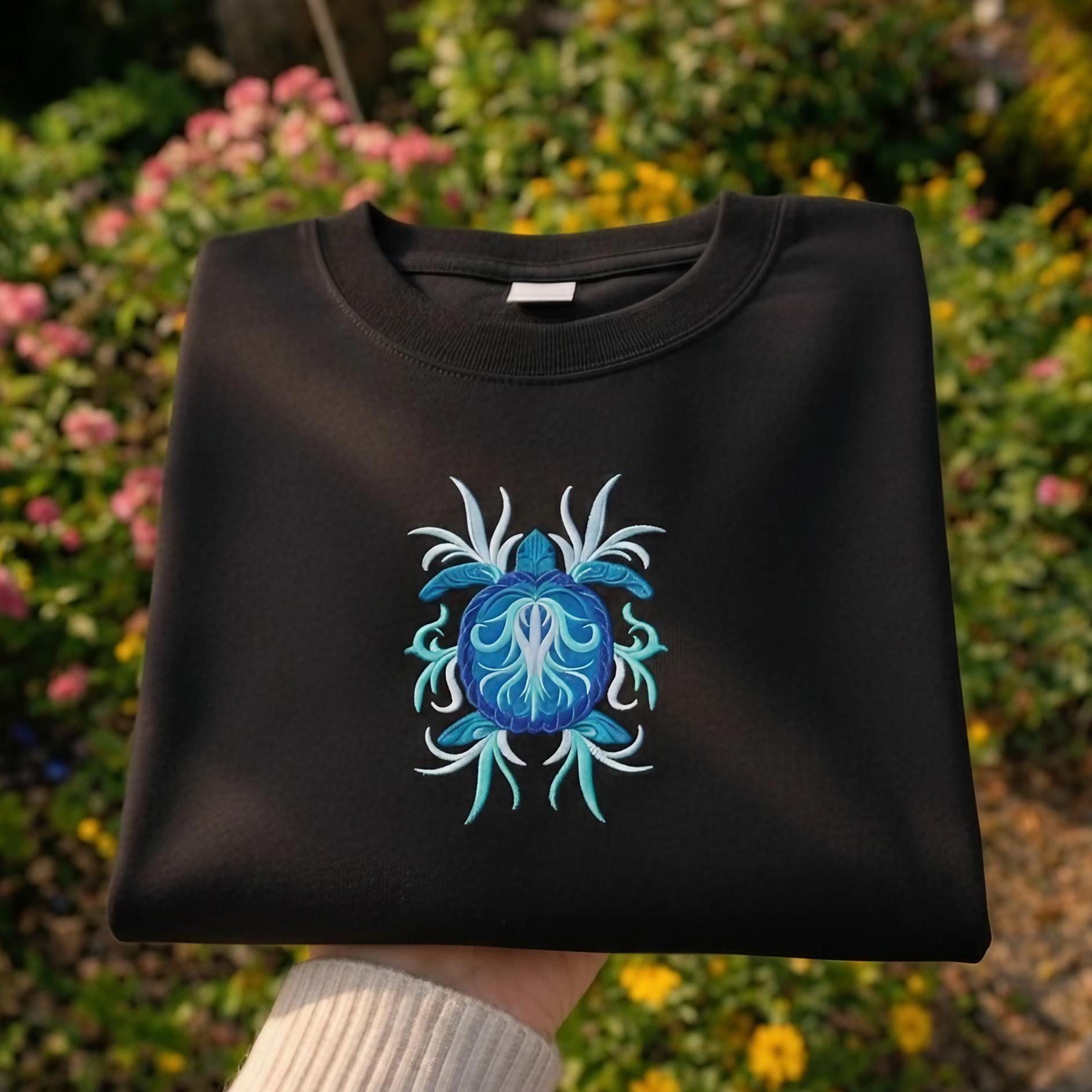 Shirt Blue Turtle Mandala Embroidered Shirt, Ocean Turtle Art Shirt, Mystical Aesthetic Shirt