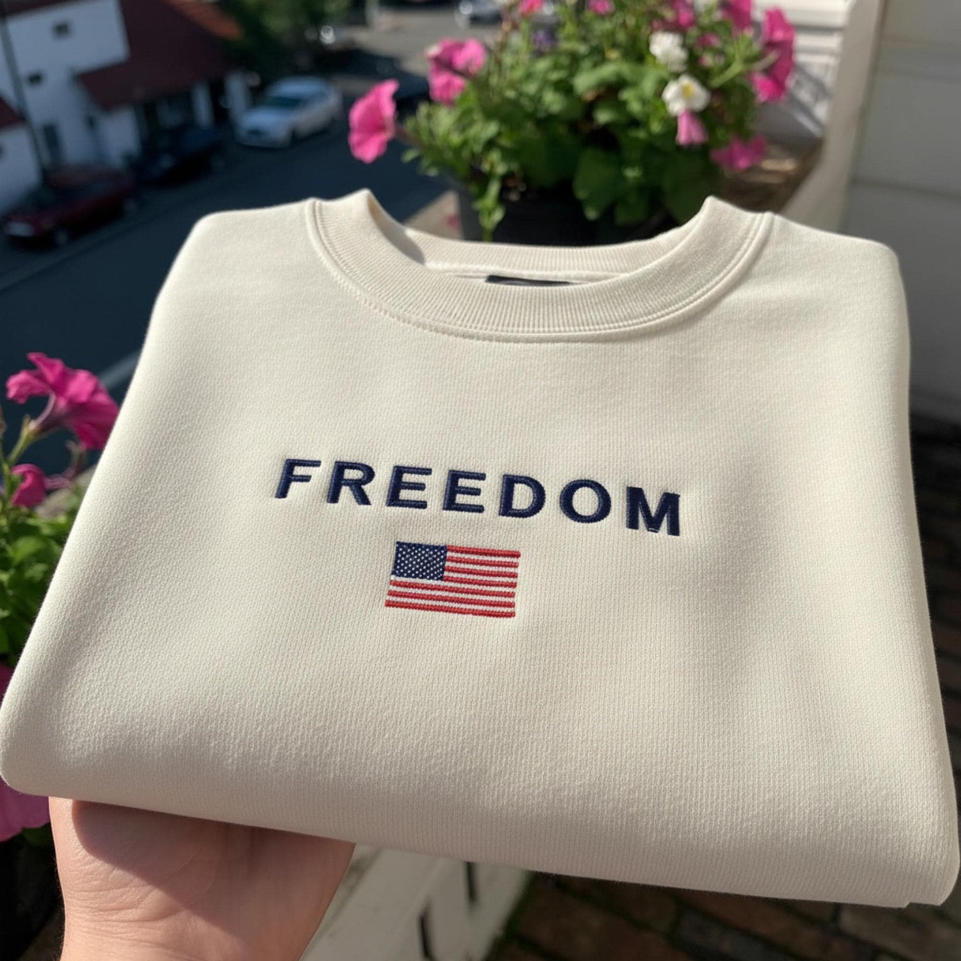 Freedom American Flag Embroidered Sweatshirt, Patriotic USA Pride Crewneck, Aesthetic Fourth of July Gift, Minimalist Freedom Pullover Shirt