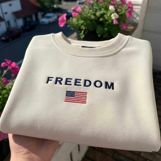 Freedom American Flag Embroidered Sweatshirt, Patriotic USA Pride Crewneck, Aesthetic Fourth of July Gift, Minimalist Freedom Pullover Shirt