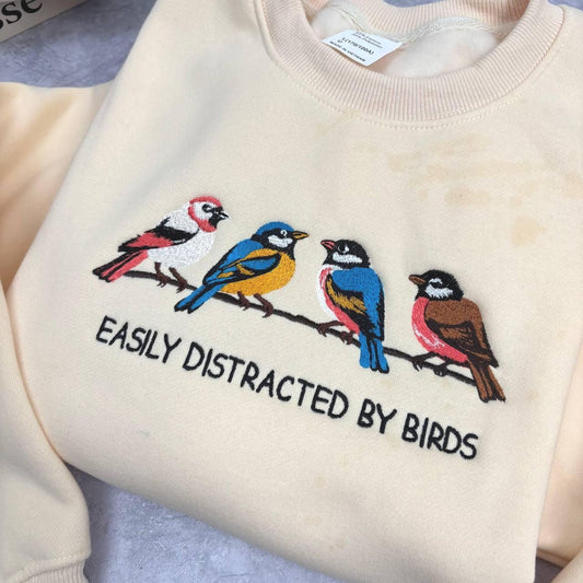 Easily Distracted By Birds Embroidered Sweatshirt, Funny Bird Watching Shirt, Bird Lover Gift, Ornithology Crewneck, Nature Tee