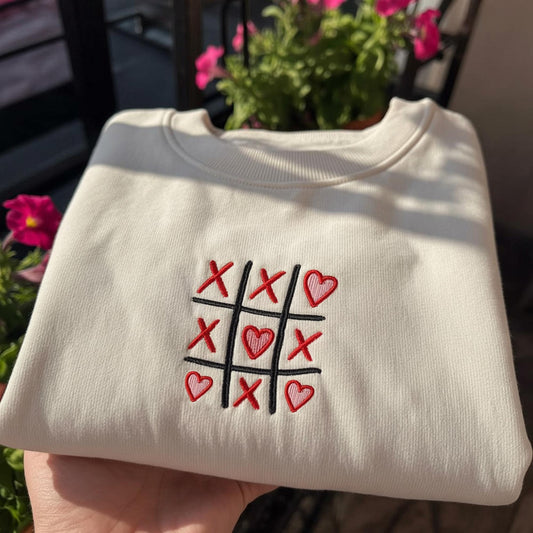 Valentine Tic Tac Toe Embroidered Sweatshirt, Heart XOXO Game Crewneck, Minimalist Valentines Day Pullover, Aesthetic Romantic Gift Shirt