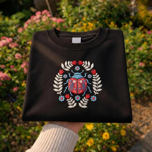 Embroidered Ladybug Shirt, Floral Folk Art, Cottagecore Gift