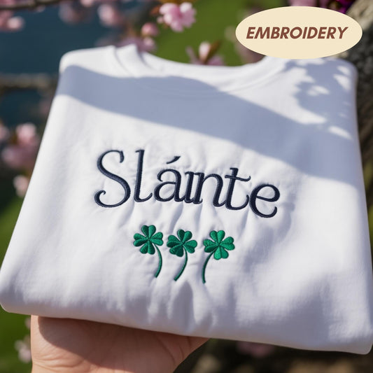 Sláinte Shamrock Embroidered Sweatshirt, Irish Cheers Party Shirt, St Patrick Day Apparel, Clover Luck Crewneck, Ireland Pride Sweater