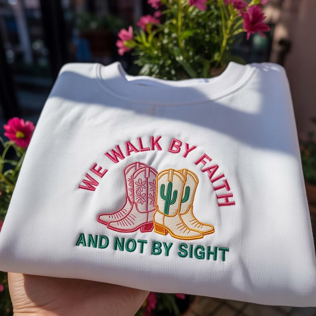 We Walk By Faith Cowboy Boots Embroidered Sweatshirt, Christian Western Crewneck, Aesthetic Religious Bible Verse Gift, Faith Based Pullover