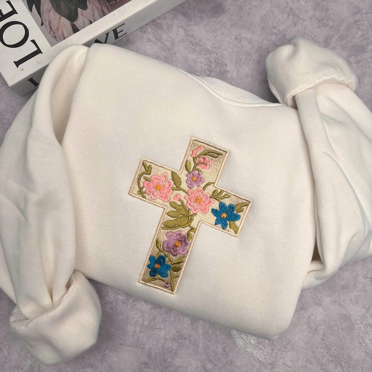 Embroidered Floral Cross Sweatshirt: Christian Faith Crewneck