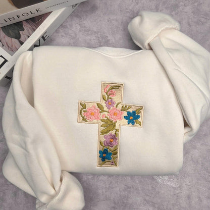 Embroidered Floral Cross Sweatshirt: Christian Faith Crewneck