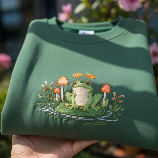 Cute Frog and Mushroom Embroidered Shirt, Mushroom and Flower Nature Sweatshirt, Aesthetic Cottagecore Frog Crewneck, Gift for Frog Lover
