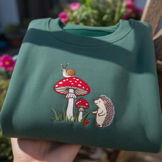 Hedgehog Mushroom Embroidered Sweatshirt, Cute Snail Forest Nature Crewneck, Cottagecore Aesthetic Shirt, Hedgehog Lover Gift Sweater