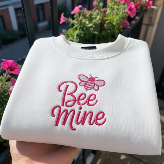Bee Mine Valentine Embroidered Sweatshirt, Cute Bumble Bee Love Crewneck, Aesthetic Valentine Gift For Her, Pink Embroidery Romantic Shirt