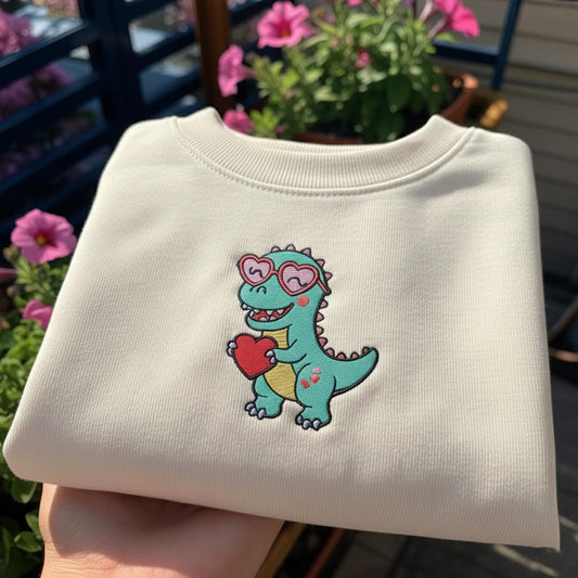 Valentine Dinosaur Embroidered Sweatshirt, Cute T-Rex Heart Glasses Crewneck, Aesthetic Dino Love Pullover, Funny Kids Valentine Gift Shirt