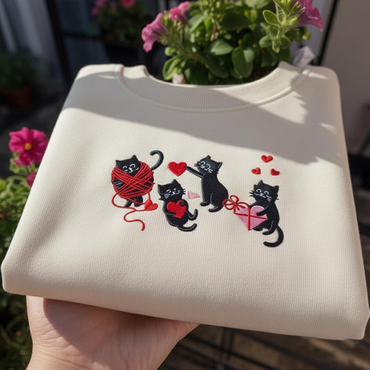 Valentine Black Cat Embroidered Sweatshirt, Cute Cats With Red Yarn Crewneck, Aesthetic Cat Lover Gift, Funny Valentines Day Kitty Shirt