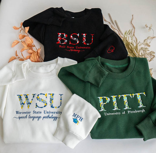Floral Embroidered Sweatshirt | Custom College & High School Sweatshirt | Sorority Gift | University Crewneck | Graduation Party Gift