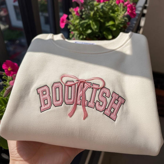 Bookish Bow Embroidered Sweatshirt, Aesthetic Coquette Reading Apparel, Personalized Book Lover Gift, Trendy Pink Ribbon Bookish Crewneck