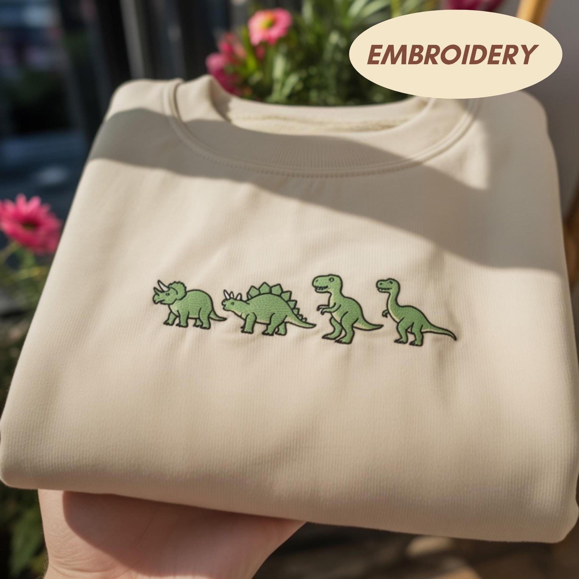 Dinosaur Embroidered Sweatshirt, Cute Dino Apparel Top, T-Rex Triceratops Gift Shirt, Jurassic Nature Top, Prehistoric Animal Apparel Gift