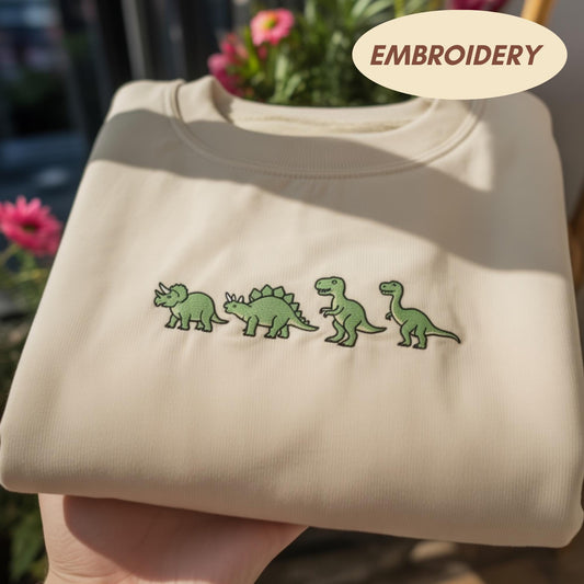 Dinosaur Embroidered Sweatshirt, Cute Dino Apparel Top, T-Rex Triceratops Gift Shirt, Jurassic Nature Top, Prehistoric Animal Apparel Gift