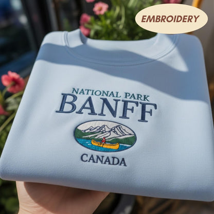 Banff National Park Canada Embroidered Sweatshirt, Vintage Mountain Nature Shirt, Canoe Lake Apparel, Alberta Souvenir Crewneck Sweater