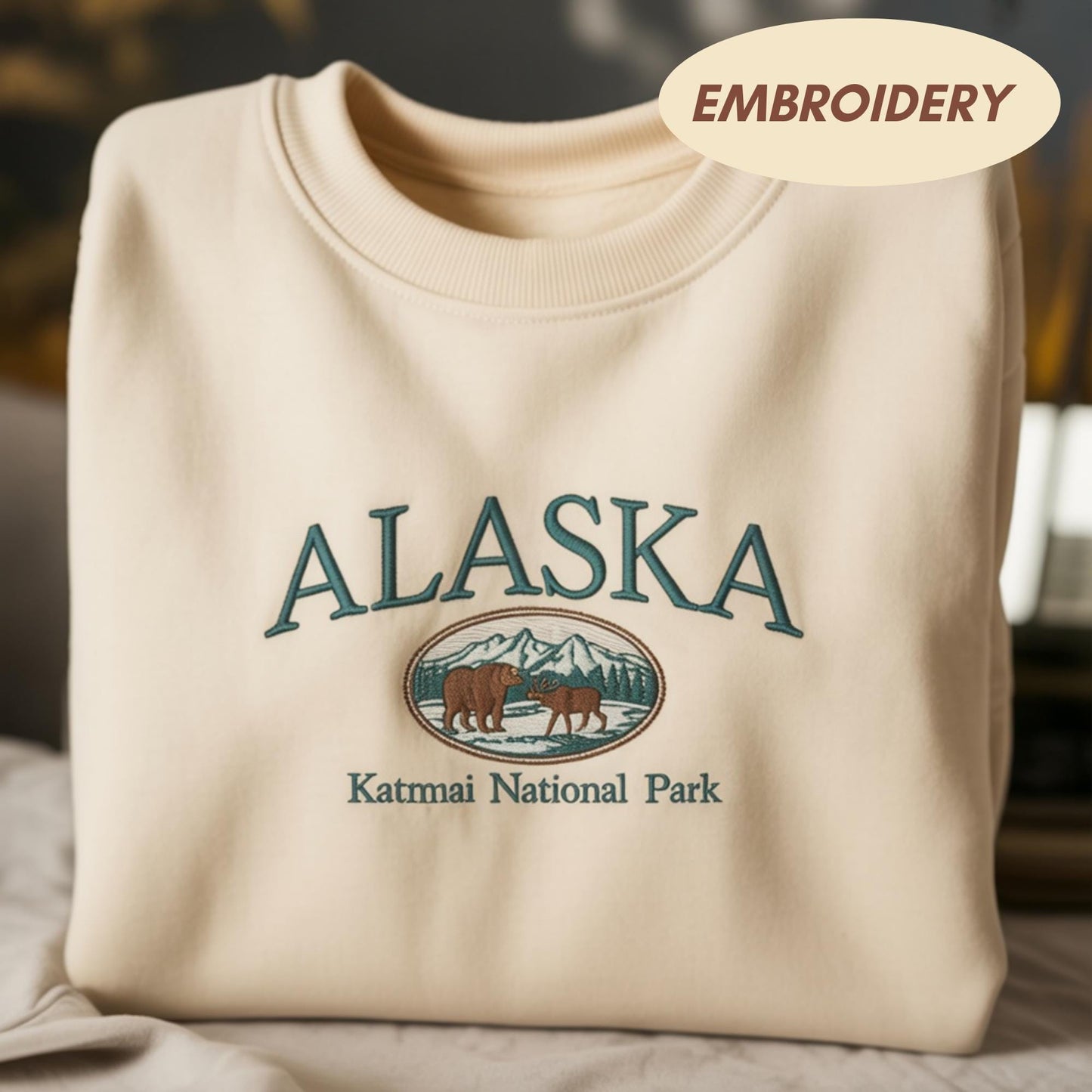Alaska Katmai National Park Embroidered Sweatshirt, Vintage Brown Bear Nature Shirt, Alaska Souvenir Apparel, Wildlife Crewneck Sweater