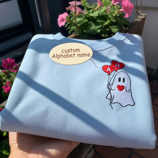 Custom Valentine Ghost Embroidered Sweatshirt, Personalized Initial Heart Balloon Crewneck, Aesthetic Ghost Lover Gift, Couple Valentine