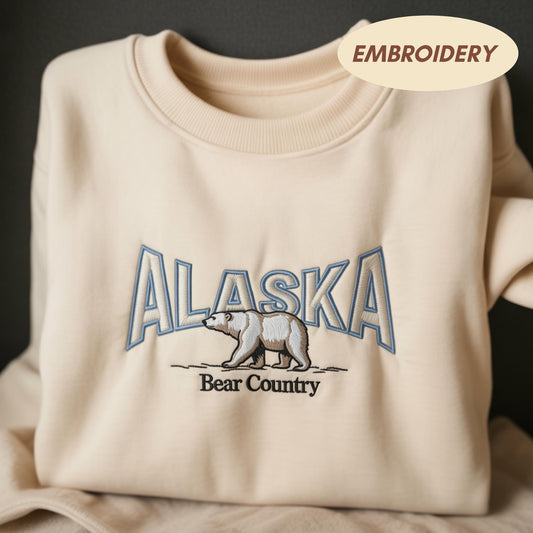 Alaska Bear Country Embroidered Shirt, Polar Bear Nature Sweatshirt, Adventure Travel Gift, Minimalist Wildlife Crewneck Top, Alaska Shirt