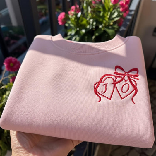 Custom Initial Double Hearts Embroidered Sweatshirt, Personalized Couple Letters Crewneck, Aesthetic Red Bow Love Shirt, Romantic Valentine