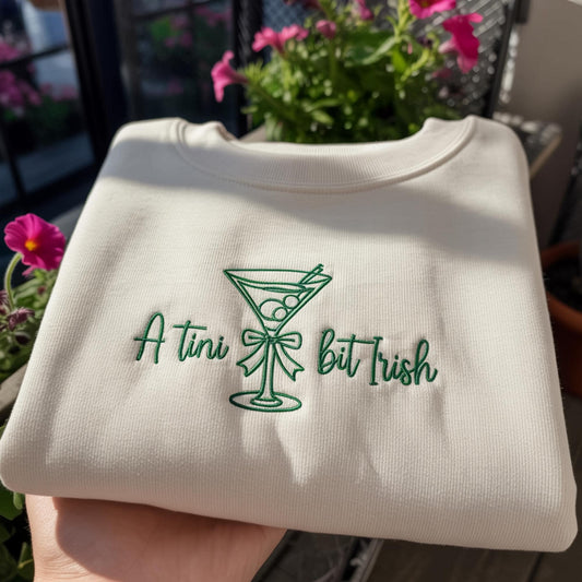 A Tini Bit Irish Embroidered Sweatshirt, Funny St Patrick's Day Martini Crewneck, Aesthetic Coquette Green Bow Pullover, Cocktail Shirt