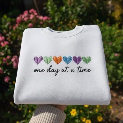 One Day At A Time Embroidered Sweatshirt, Mental Health Awareness Quote, Soft Aesthetic Gift for Women