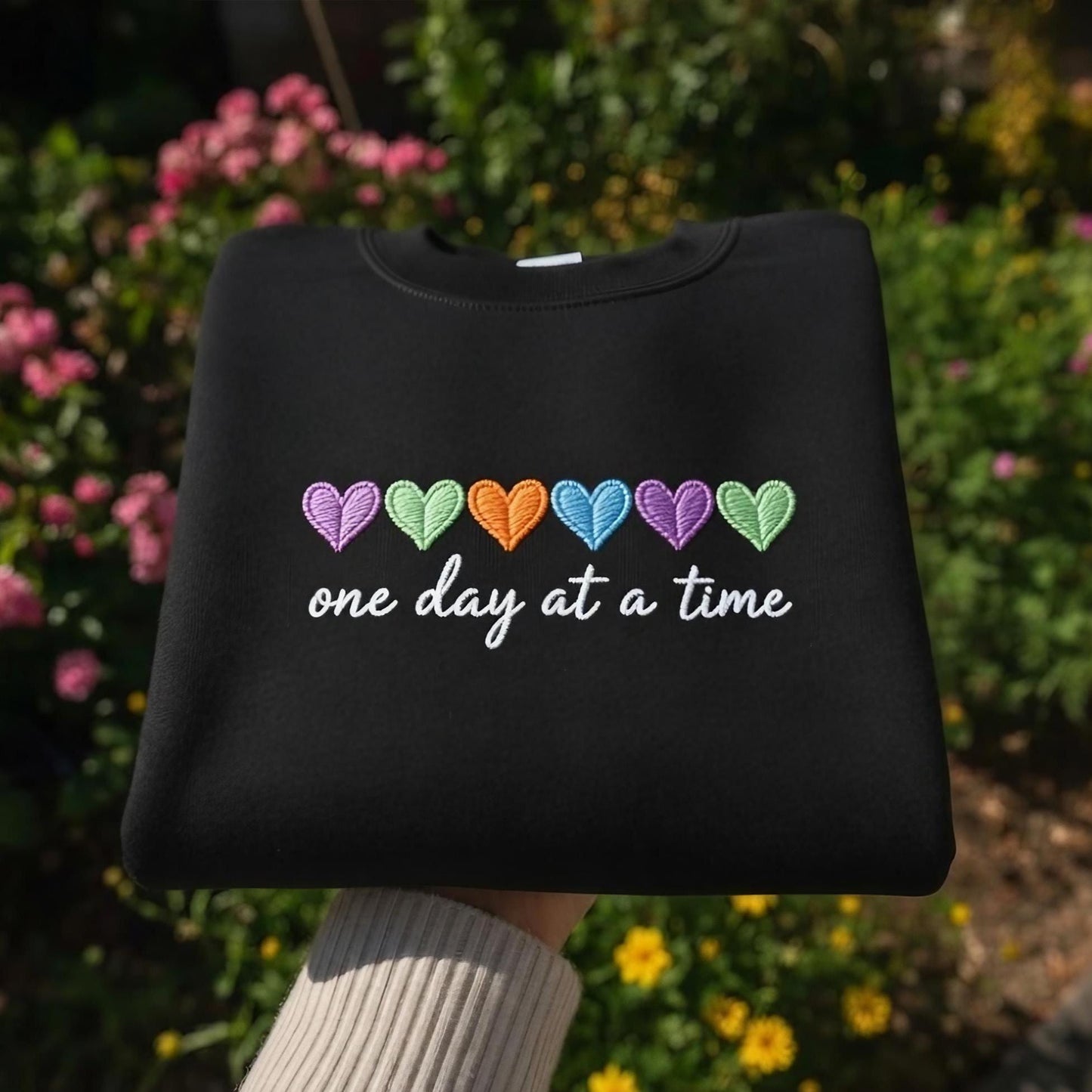 One Day At A Time Embroidered Sweatshirt, Mental Health Awareness Quote, Soft Aesthetic Gift for Women
