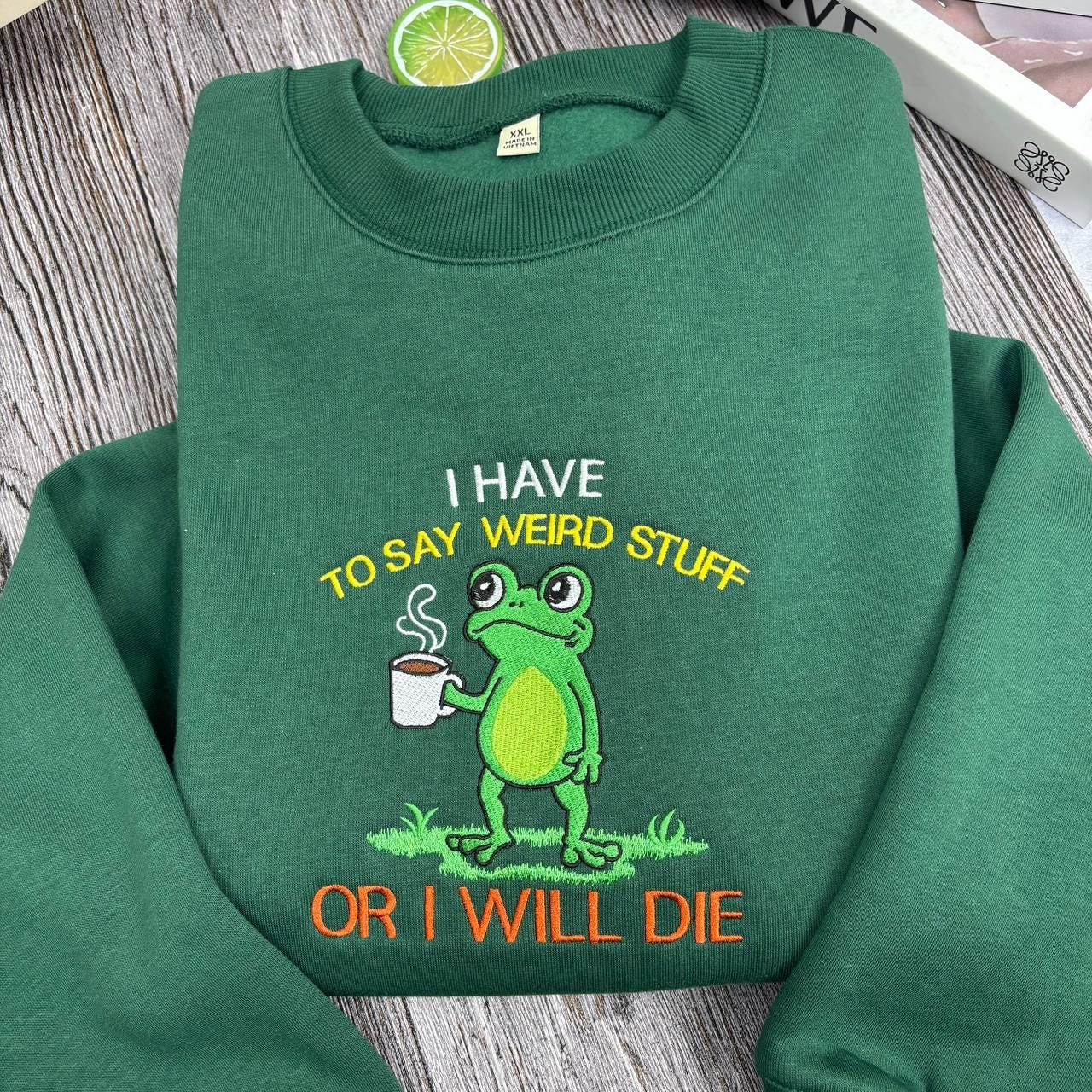Embroidered Shirt I Have To Say Weird Stuff Or I Will Die Shirt, Funny Weirdcore Frog Shirt, Frog Lovers Shirt, Christmas Coffee Frog Shirt