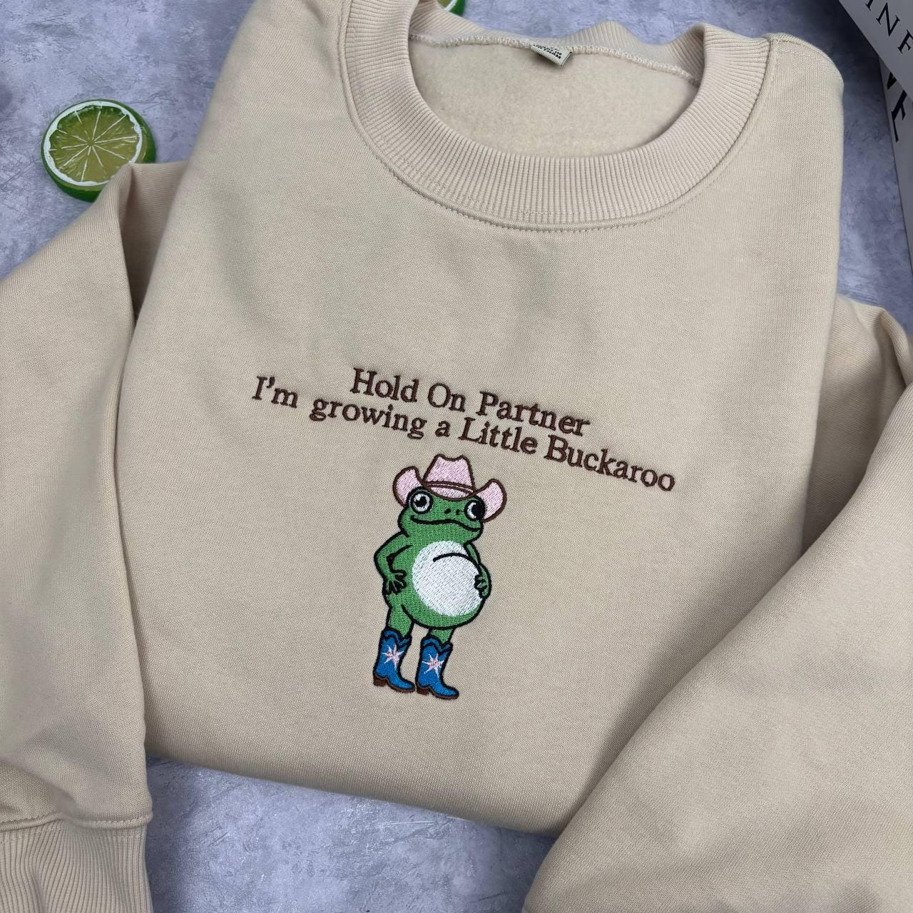 Growing A Little Buckaroo Embroidered Sweatshirt, Funny Frog Pregnancy Announcement Valentine Gift, Western Cowboy Baby Reveal Shirt