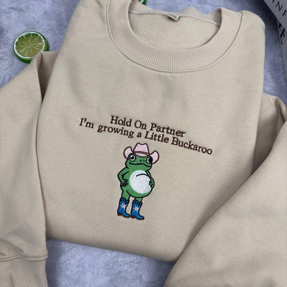 Growing A Little Buckaroo Embroidered Sweatshirt, Funny Frog Pregnancy Announcement Valentine Gift, Western Cowboy Baby Reveal Shirt
